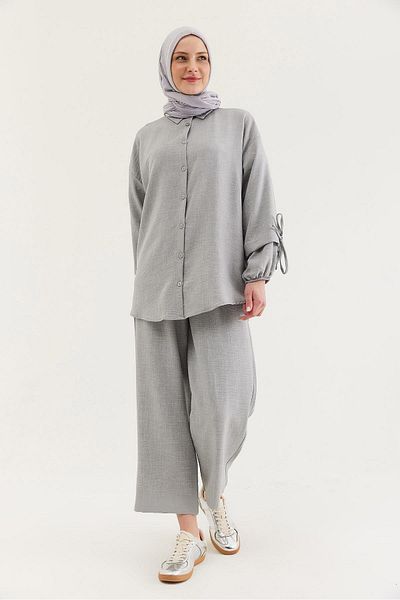 CALİENTE Sleeve Gathered Shirt Pants Double Suit Gray