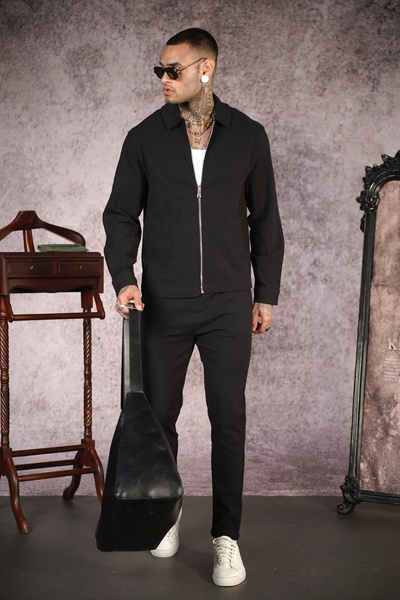 Butik Lycra Linen Oversize Fit Zippered Jacket and Pants Men's Set