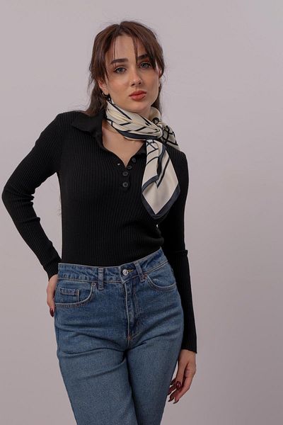 FACETTE Pulover negru cu guler polo pentru femei
