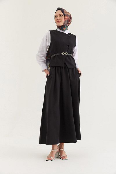 CALİENTE Belt Detailed Skirted Double Suit Black