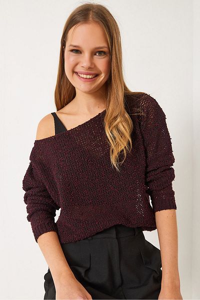 Bianco Lucci Women's Boat Neck Mesh Detail Openwork Knitwear Blouse 20251017