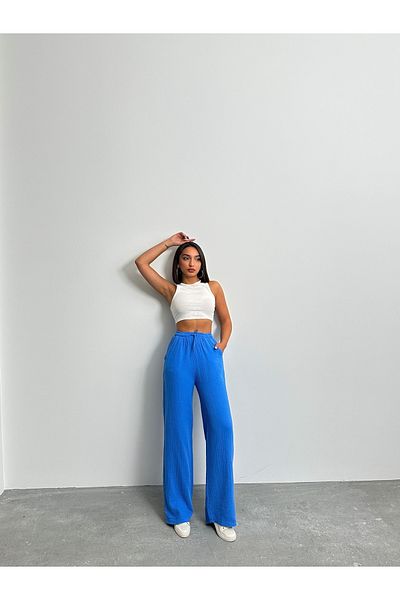 BEJNA Pantaloni Palazzo de muselină albastră de damă