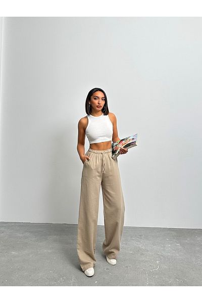 BEJNA Beigefarbene Palazzo-Hose aus Musselin für Damen