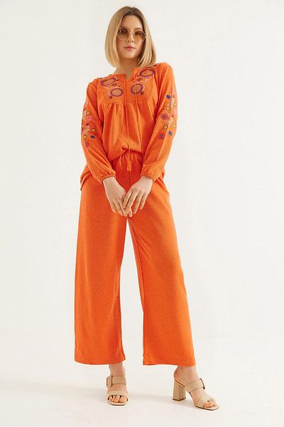 CALİENTE Hera Fabric Front and Sleeves Embroidered Double Suit Orange