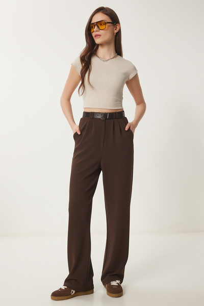 Lovelyİstanbul Kemerli Rahat Palazzo Örme Pantolon KAHVERENGİ LRV0093