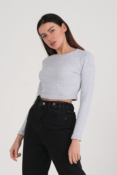 PUNKY CAT Women's Gray Long Sleeve Ribbed Blouse Crop Knitted T-Shirt