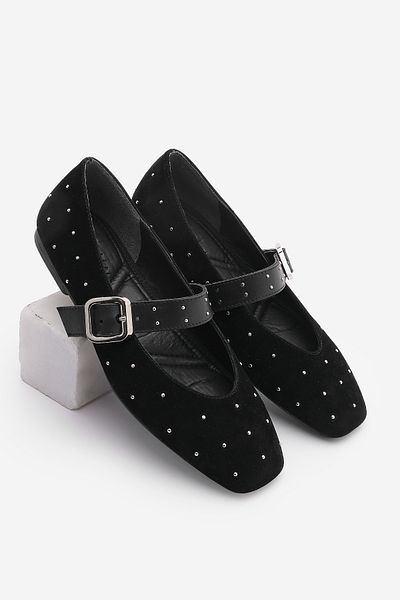 Marjin Damen-Ballerinas „Velona“ aus schwarzem Wildleder – stumpfe Zehenpartie und Schnalle mit Nieten