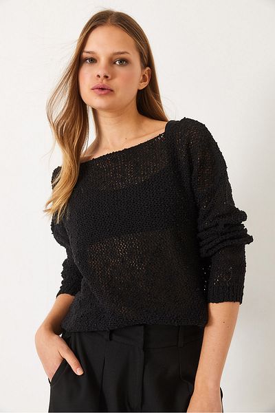 Bianco Lucci Women's Boat Neck Mesh Detail Openwork Knitwear Blouse 20251017