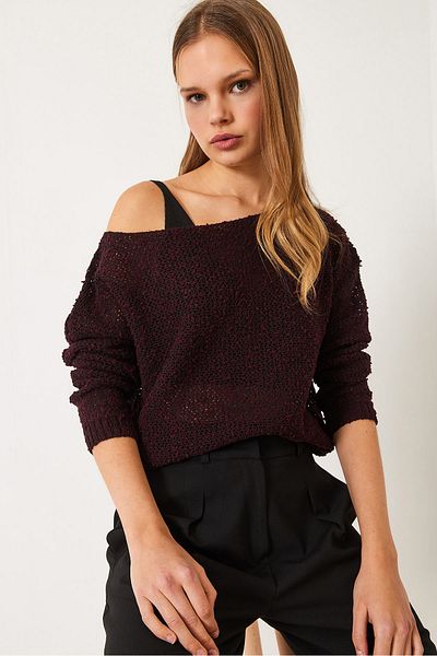 Bianco Lucci Women's Boat Neck Mesh Detail Openwork Knitwear Blouse 20251017