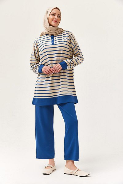 CALİENTE Buttoned Collar Striped Double Suit Navy Blue