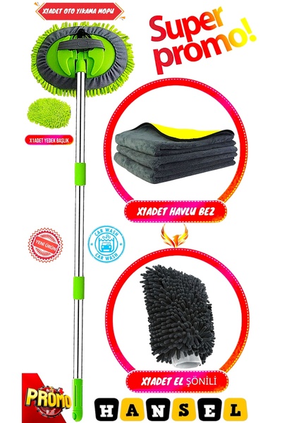 Hansel Araba Yıkama Fırçası Oto Yıkama Seti Mop Mikrofiber Bezli Teleskopik S...