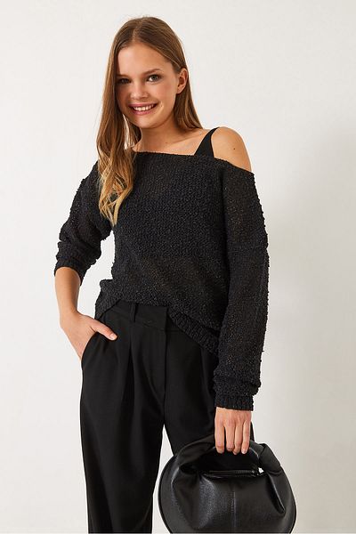 Bianco Lucci Women's Boat Neck Mesh Detail Openwork Knitwear Blouse 20251017