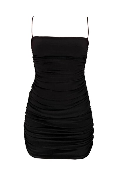 DİDVAKE Kadın Siyah Drapeli Büzgülü Askılı Astarlı Mini Elbise