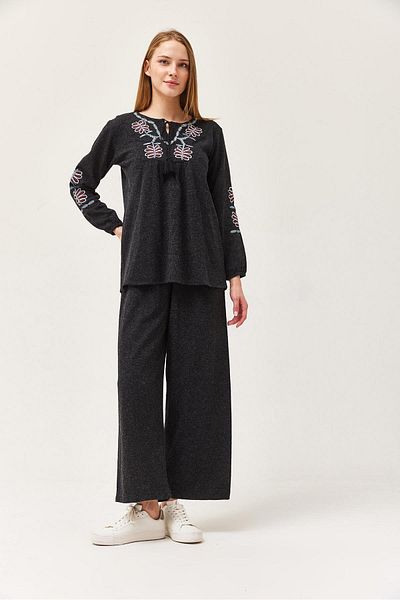 CALİENTE Front Embroidered Tasseled Double Suit Black