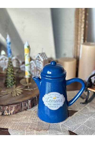 Handmadesign Kapaklı El Yapımı Seramik Sürahi - Lacivert Limon Desenli Limonl...