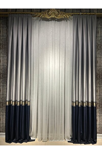 PERAR Lacivert Gümüş Pileli Fon Perde