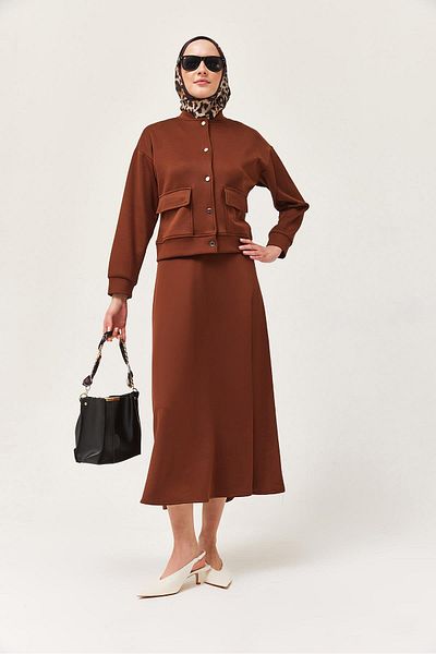 CALİENTE Scuba Double Suit with Metal Button Skirt Brown