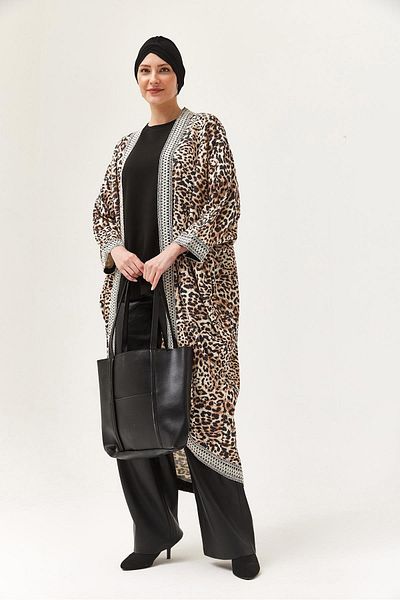 CALİENTE Oversize Stripe Detailed Kimono Cardigan Leopard