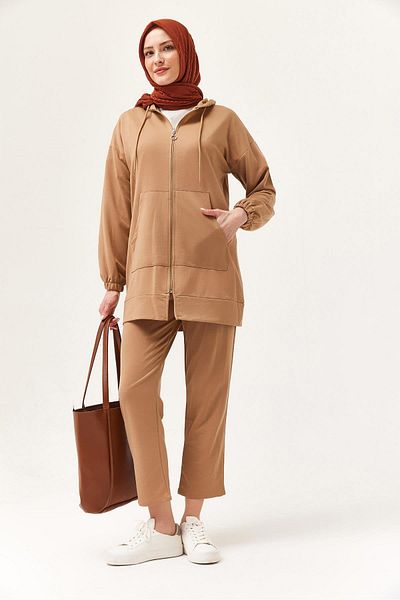CALİENTE Women's Hooded Zippered Double Suit Mink