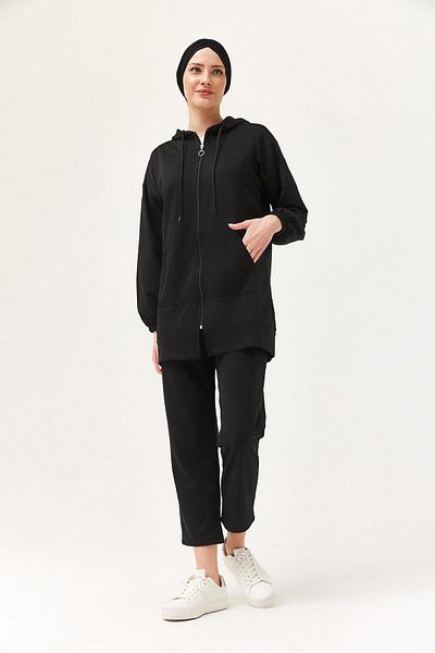 CALİENTE Women's Hooded Zippered Double Suit Black