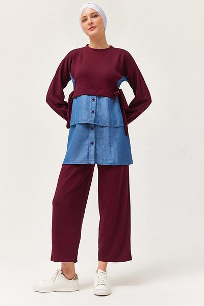 CALİENTE Denim Garnished Tied Double Suit Claret Red