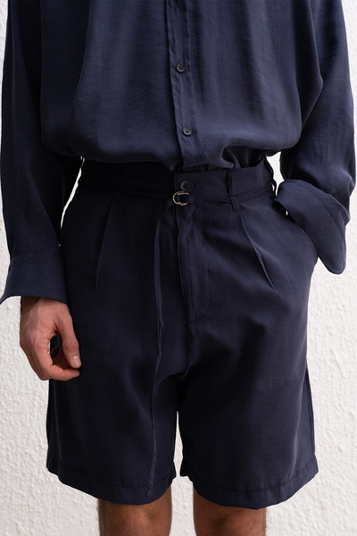 GIESTO Navy Blue Shorts with Draped Belt Detail