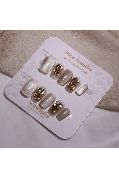 wow kutu S60 M Beden Altın Simli Taşlı Kedi Gözü Protez Jel Takma Tırnak Ve Aksesuarlar