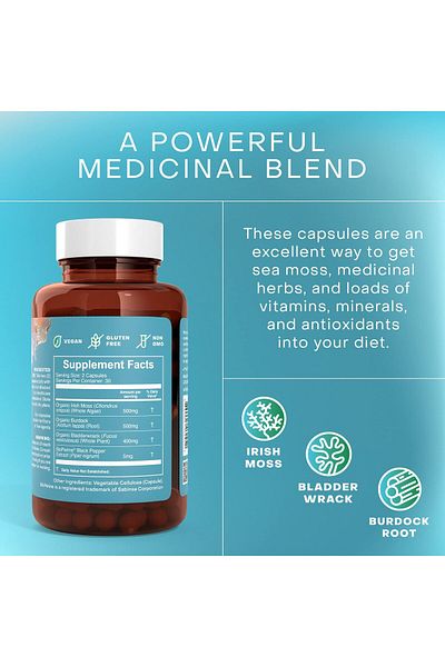 Akasha Superfoods Organic Irish Moss, Bladderwrack & Burdock Root Capsules - 60ct with BioPerine