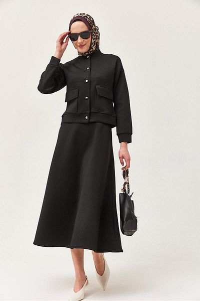 CALİENTE Scuba Double Suit with Metal Button Skirt Black
