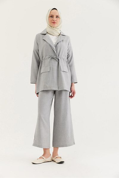 CALİENTE Waist Tie Jacket Linen Suit Gray