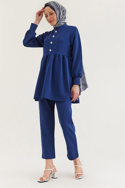CALİENTE Stone Buttoned Scuba Double Suit Navy Blue