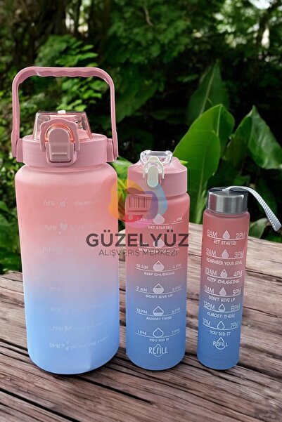 GÜZELYÜZ AVM 3 Adet Motivasyon Matara Seti | Spor Kamp Su Matarası | Pipetli Suluk Su Şişesi 2000ml-900ml-300ml