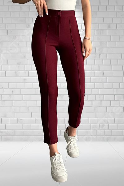 Muwen Butik Women's Burgundy Crepe Fabric Lycra Grass Tight Leg Tightening Trousers