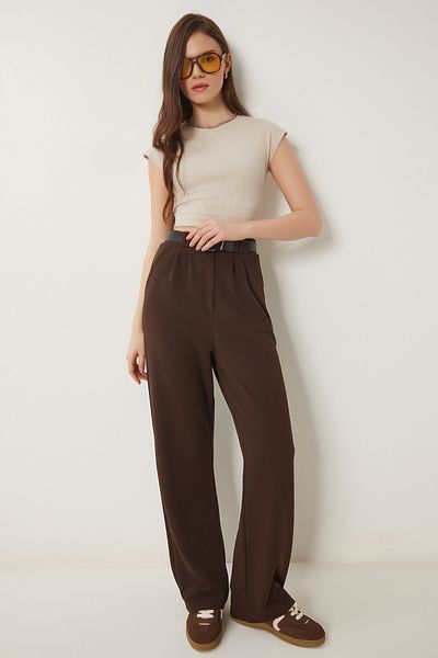 Lovelyİstanbul Belted Comfortable Palazzo Knitted Trousers Brown Lrv0093
