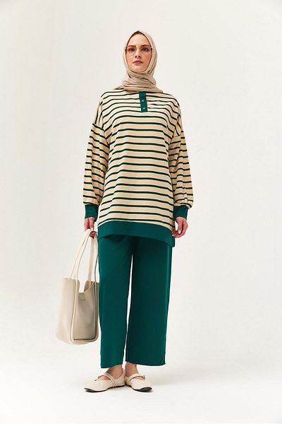 CALİENTE Buttoned Collar Striped Double Suit Green