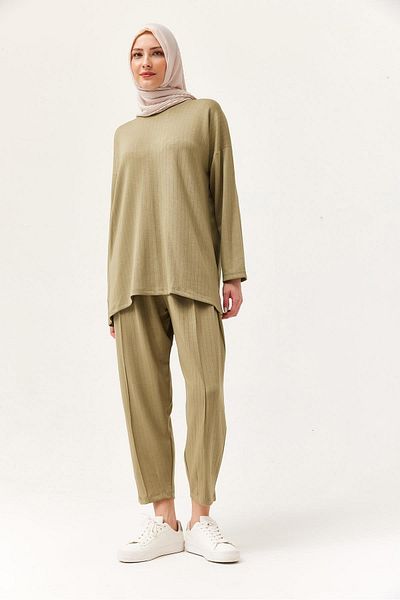 CALİENTE Relaxed Cut Crew Neck Double Suit Khaki