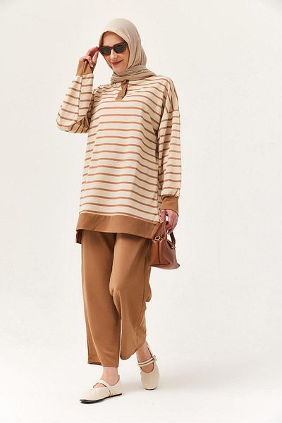 CALİENTE Buttoned Collar Striped Double Suit Mink