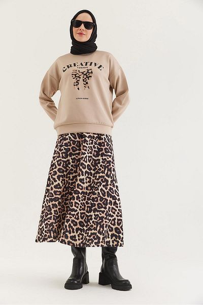 CALİENTE Scuba Double Suit with Leopard Skirt Beige