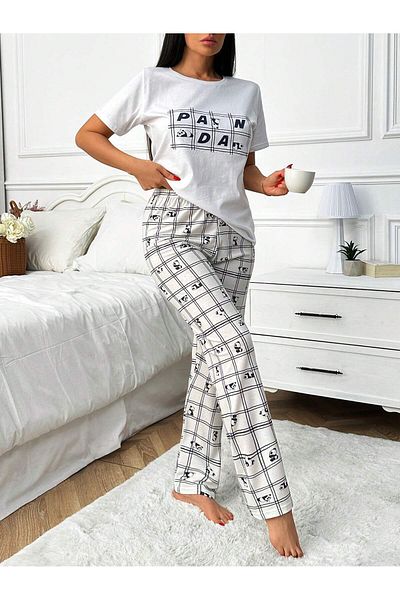 VG BOND MODA Combed Cotton Print Detailed Short Sleeve Women's Double Pajamas Set Vg135