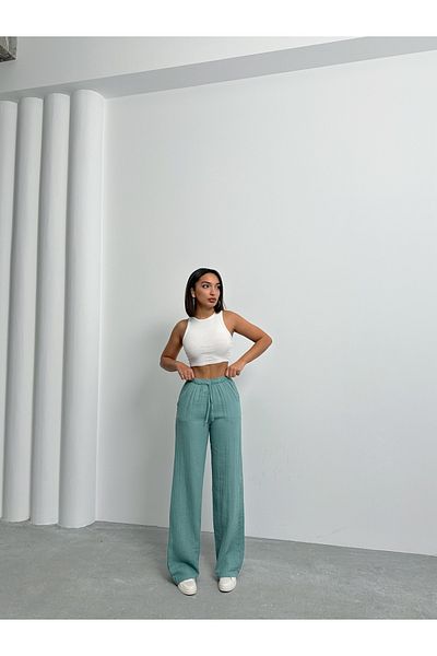 BEJNA Women's Mint Green Muslin Palazzo Trousers