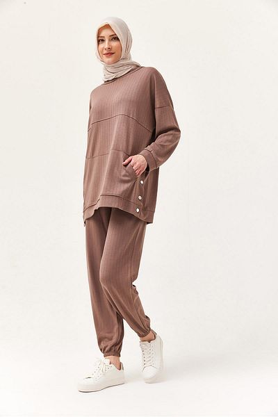 CALİENTE Snap Detail Hooded Double Suit Brown