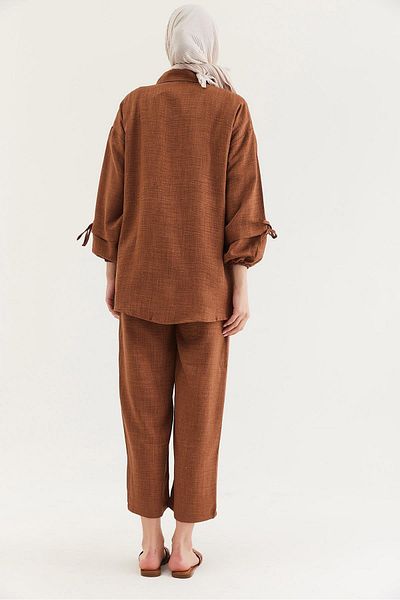 CALİENTE Sleeve Gathered Shirt Pants Double Suit Brown