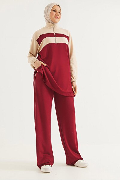 CALİENTE Collar Zippered Garnished Oysho Fabric Suit Burgundy