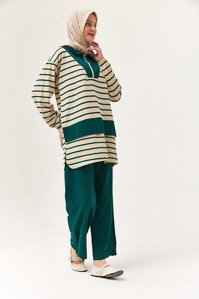 CALİENTE Zippered Striped Shirt Collar Suit Green