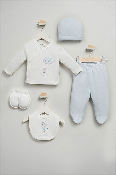 Bebitof Cute Teddy Bear and Bird Patterned 5 Piece Newborn Hospital Release Bodysuit Set