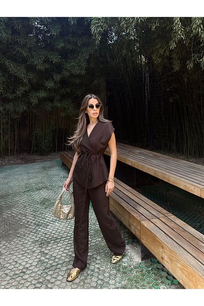 YouLikeButik Belted Grass Vest Trousers Set