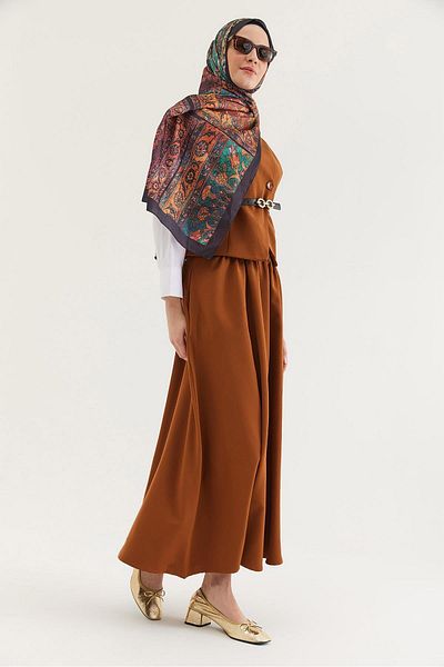 CALİENTE Belt Detailed Skirted Double Suit Brown