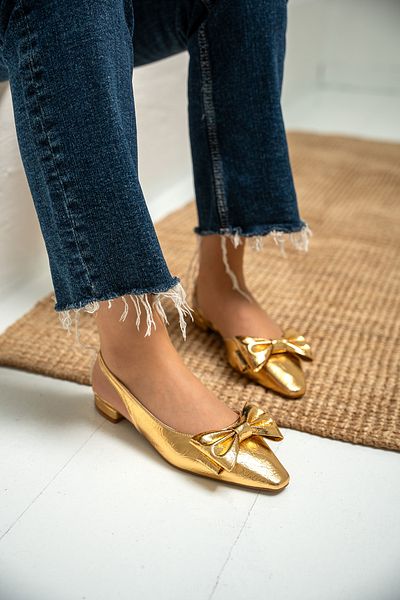 LAMİNTA Heju Gold Bow Detailed Flat Heeled Women's Ballerinas
