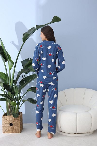 Pemilo Set pijama cu mânecă lungă, cu nasturi, 30013, pentru femei albastre