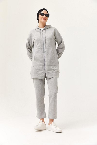 CALİENTE Women's Hooded Zippered Double Suit Gray
